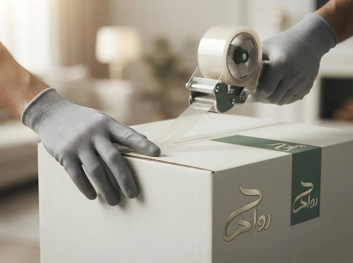 عملية تغليف العفش والأثاث بالبلاستيك الفقاعي والكرتون المقوى لحمايته